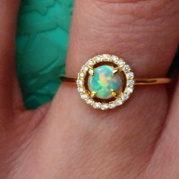 Neiman Marcus 14K Gold Plated Adjustable Halo Green Created Opal Ring - Picture 2 of 4